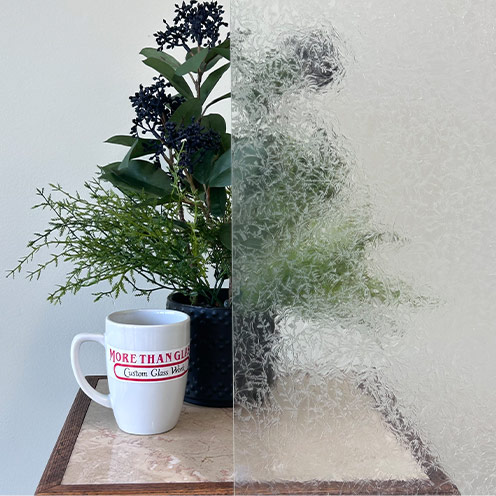 Glue Chip Cabinet Door Glass With Frosted Crystal Pattern And Plant Behind – More Than Glass