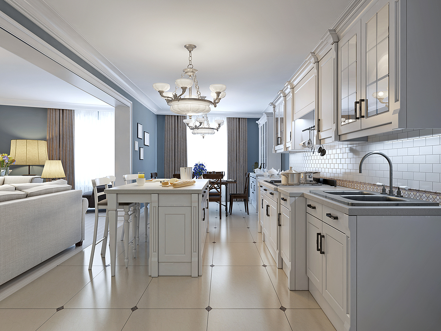 Kitchen with stainless steel appliances white cabinets white brick backsplash glass tile backsplash recessed-panel cabinets and granite countertops. 3D render